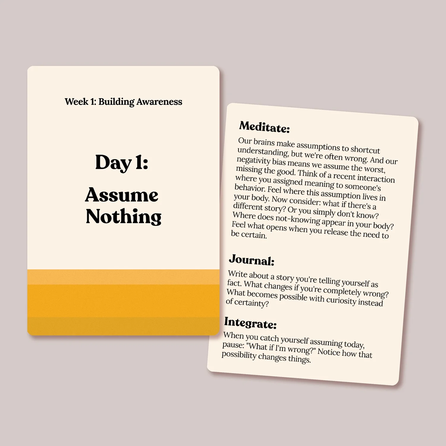 The Practice Day 1 card, Assume Nothing, color-coded yellow