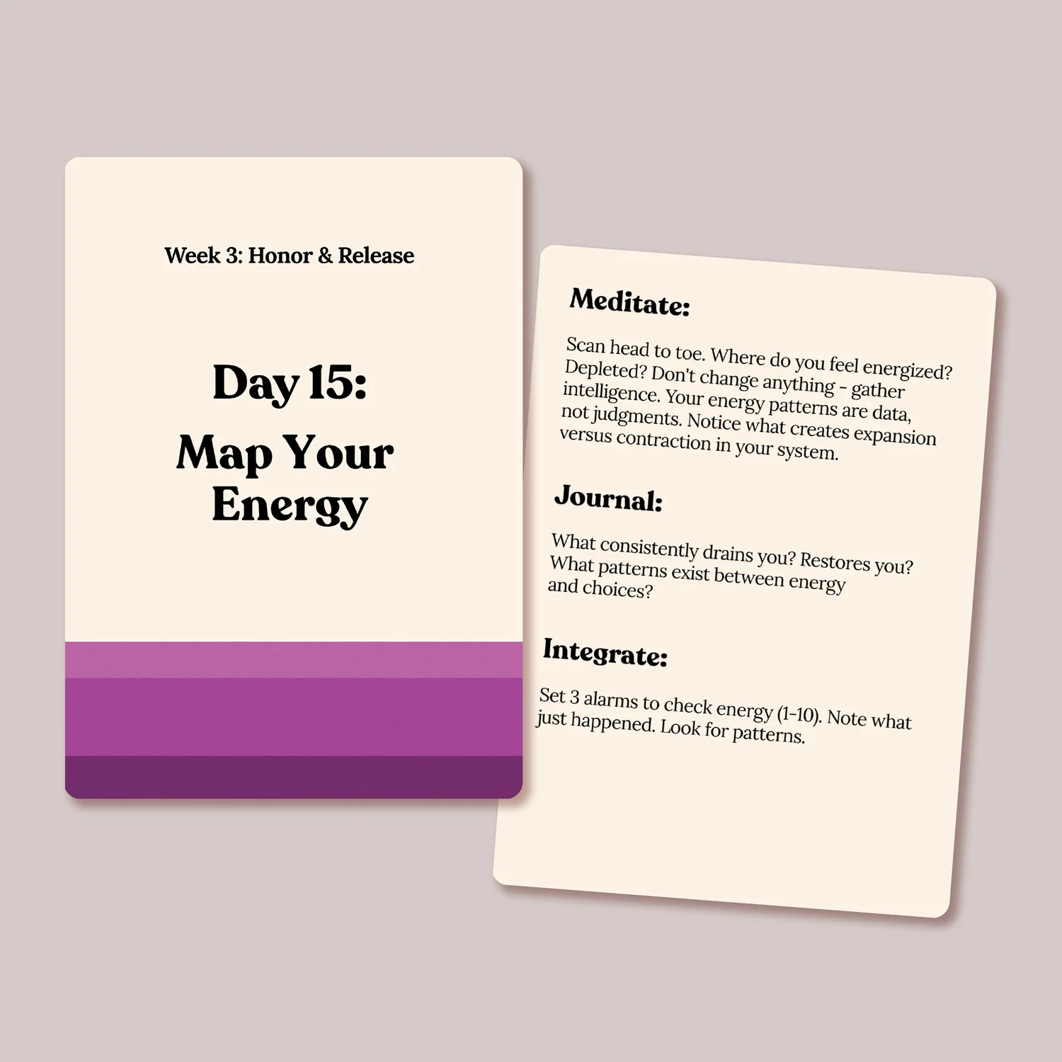 The Practice Day 15 card, Map Your Energy, color-coded purple