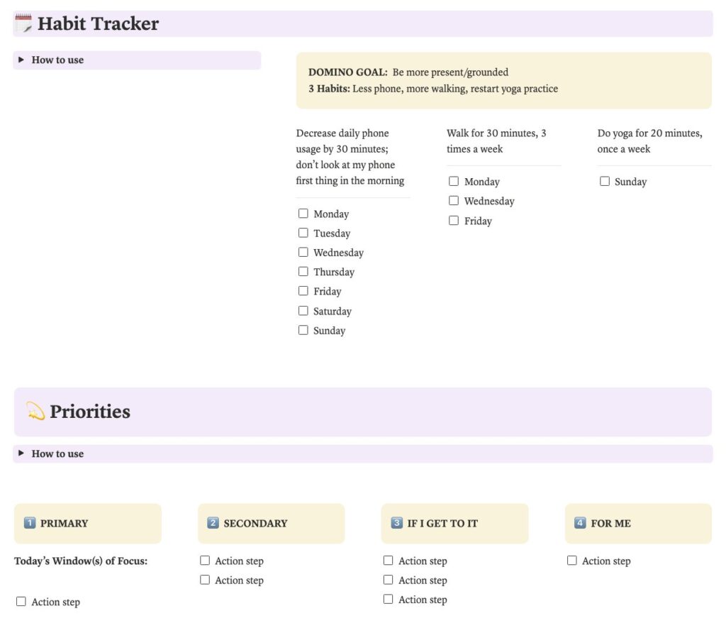 The To Done Tracker in Notion, showing the Habit Tracker and the four Priorities columns